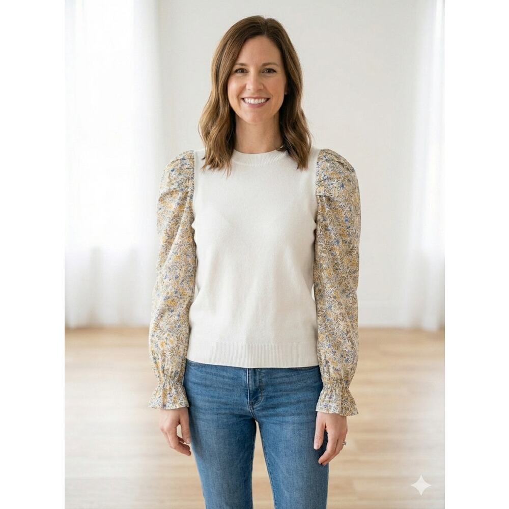 Fate Sweater Top Shirt Cotton Poplin Long Sleeve Pleated Puff Small Floral